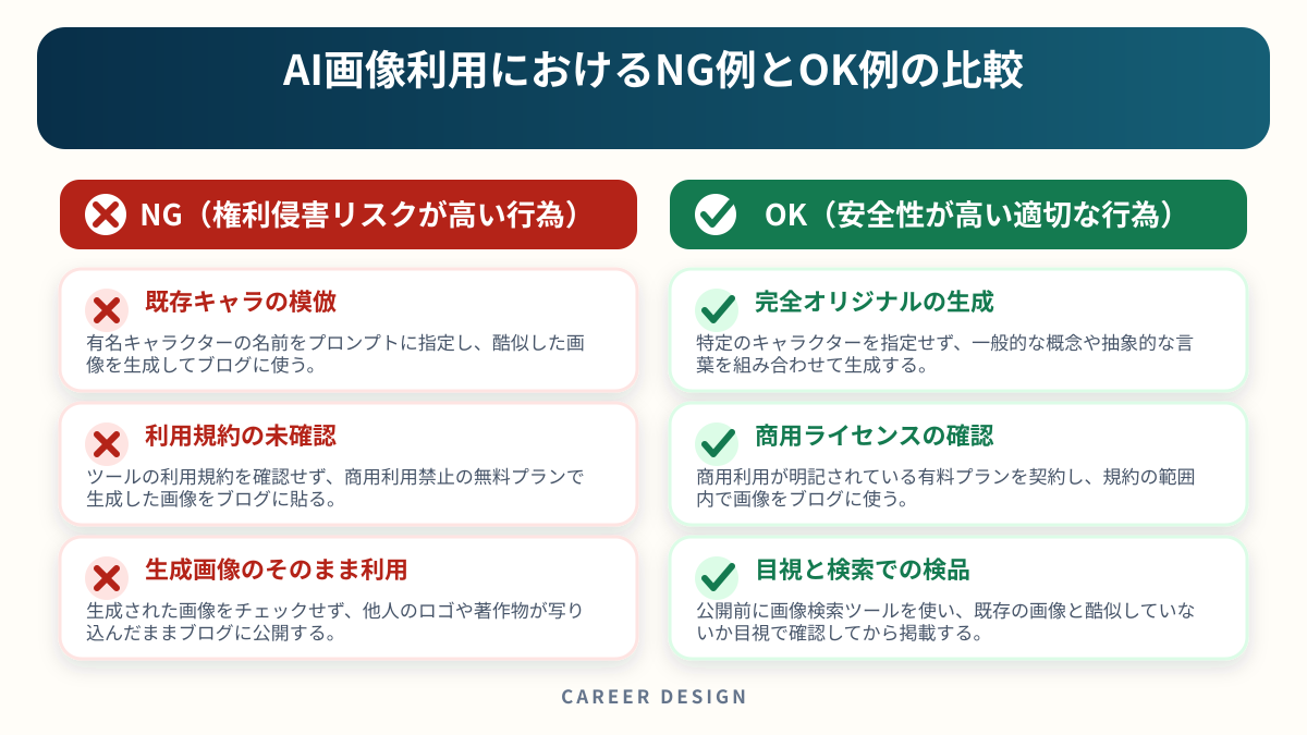 AI画像利用におけるNG例とOK例の比較を左右で比較した図解