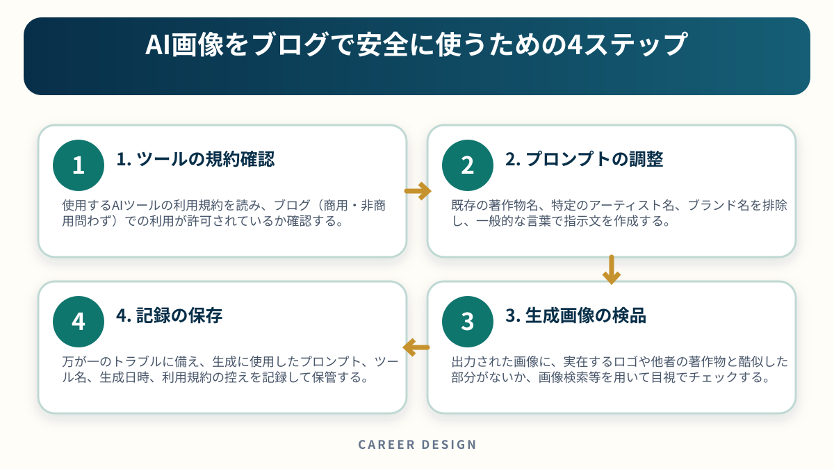 AI画像をブログで安全に使うための4ステップを4段階で示した図解