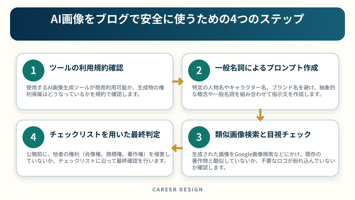 AI画像をブログで安全に使うための4つのステップを4段階で示した図解