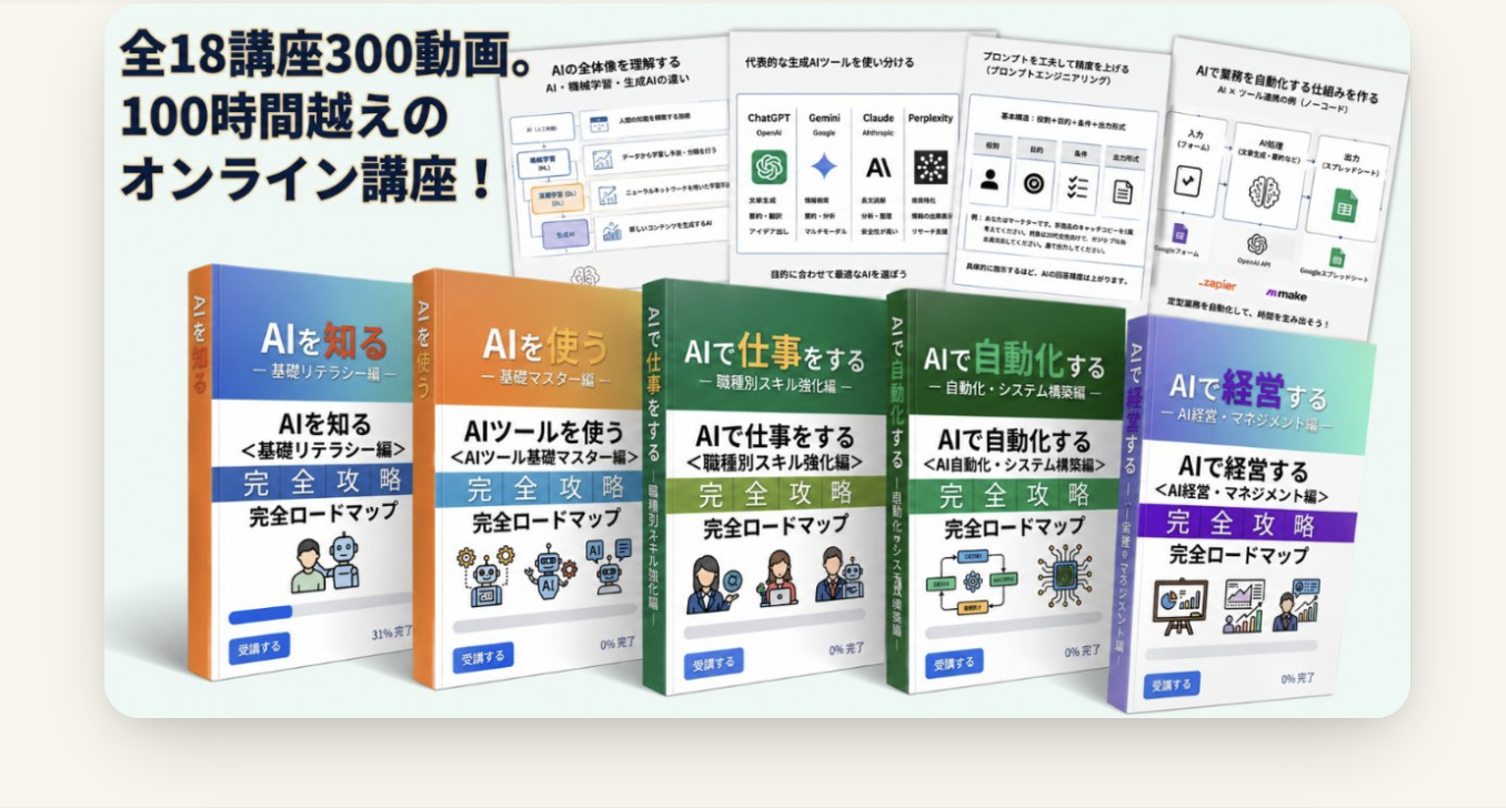 AIを知る・AIを使う・AIで仕事をする・AIで自動化する・AIで経営する の5講座